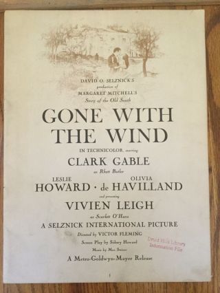 Gone With The Wind - Vintage Movie Program Handout - W/ Clark Gable