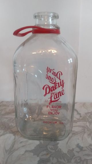 Vtg Dairy Lane " Flavor You Enjoy " 1/2 Gallon Glass Milk Bottle W/ Plastic Carry