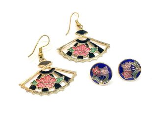 2 Pair Vintage Flower Cloisonne Enamel Earrings Studs & Dangles Costume Jewelry