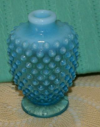 Vintage Fenton Glass Aquamarine Blue Opalescent Hobnail Small Vase 4 " H