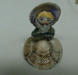 Vintage 60s Sea Shell Folk Art Girl W Bonnet Doll Figure