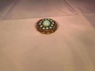 Signed Emmons Vintage Turquoise Blue Glass Gold Tone Flower Brooch Pin