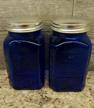 Farmhouse Vintage Style Cobalt Blue Glass Embossed Salt Pepper Shaker Set Large