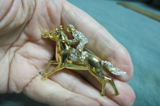 Vintage Gold Tone W/ Clear Rhinestone Jockey On Horse Brooch Pin