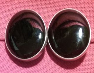 Vintage Sterling Silver 925 Oval Black Stone Clip On Earrings 1 1/4 "