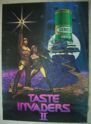Vintage 1970s Genny Cream Ale Taste Invaders Ii Sci - Fi Poster - Nos