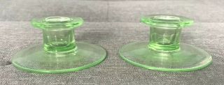Set Of 2 Vaseline Uranium Green Glass Candle Holders Lovely Vintage