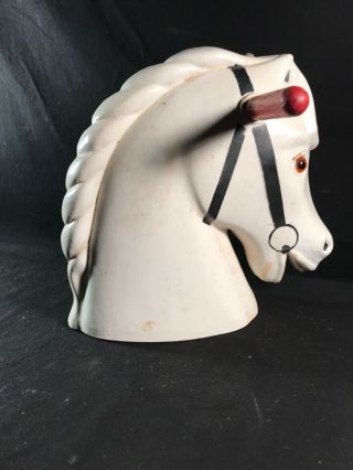 Vintage Rocking Horse Head White Heavy Plastic W/red Wood Handles 9x8