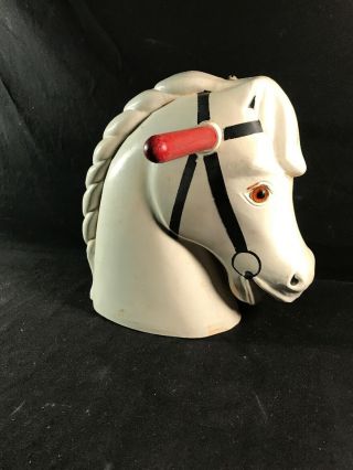Vintage ROCKING HORSE HEAD White Heavy Plastic w/Red Wood Handles 9x8 2