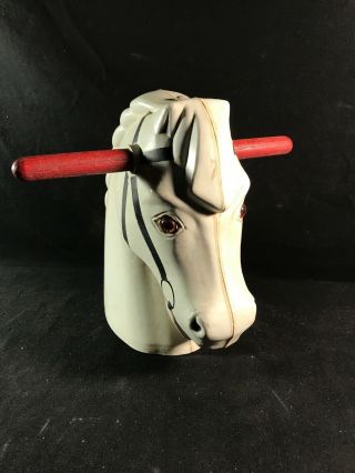 Vintage ROCKING HORSE HEAD White Heavy Plastic w/Red Wood Handles 9x8 3
