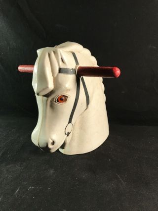Vintage ROCKING HORSE HEAD White Heavy Plastic w/Red Wood Handles 9x8 4