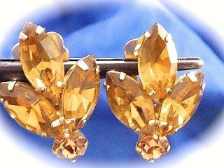 Vintage Mid Century Clip Earrings Gold Tone Signed Weiss Rhinestone Earrings