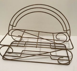 Mid Century Mcm Art Deco Metal Wire Tumbler Caddy Carrier Holder Tan Patina Vtg