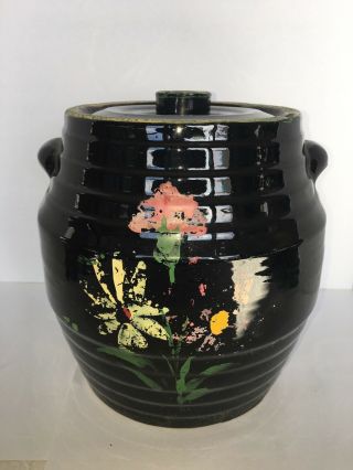 Vintage Stoneware Cookie Jar With Hand Painted Flowers Eared Handles 8 1/4”