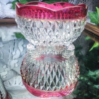 Vintage Indiana Glass Ruby Flash Diamond Point Footed Nut Bowl Scalloped Rim 5”