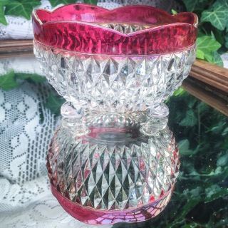 Vintage Indiana Glass Ruby Flash Diamond Point Footed Nut Bowl Scalloped Rim 5” 2