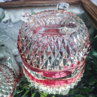 Vintage Indiana Glass Ruby Flash Diamond Point Footed Nut Bowl Scalloped Rim 5” 3