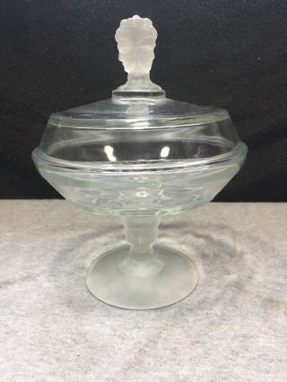 Vintage Three Faces Fine Glass 8.  5 " Tall Candy Dish With Lid On Frosted Pedestal