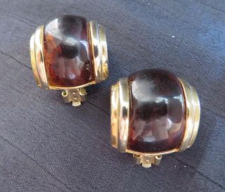 Vintage Gold Tone Faux Tortoise Shell Lucite Clip Earrings 1 "