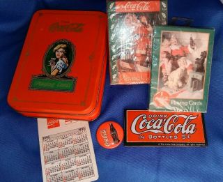 5 Vintage Items,  Coca - Cola Playing Cards,  Magnet,  Pinback Button