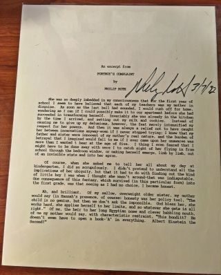 Phillip Roth Signed Excerpt From " Portnoy 