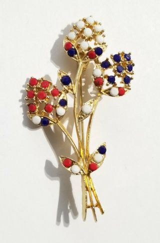 Vintage Goldtone Flower Red White Blue Beads Brooch Estate Jewelry 1 5/8 "