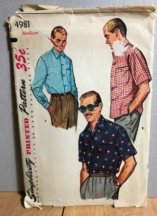Vintage 1954 Mens Casual Long & Short Sleeve Shirt Sewing Pattern Size Medium