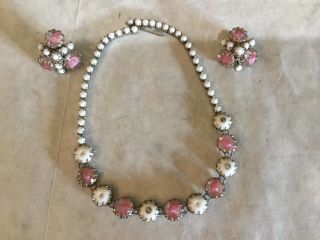 Vintage White And Pink Necklace And Clip - On Earrings Set