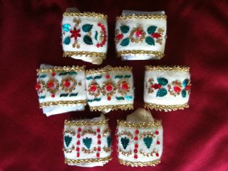 Set 7 Vintage Handmade Felt Christmas Holiday Napkin Rings Holders Sequins Bead