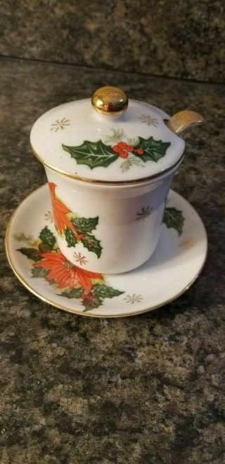 Vtg.  Poinsettia Fine China Porcelain Sugar Bowl With Lid & Spoon On Saucer 62/26