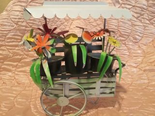 Vintage Retro Metal Art Garden Cart Flower Cart Wheel Barrel Awning