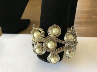 Vtg 3 " Wide Wire Wrapped Hand Made Bracelet Cuff With 7 Faux Pearl Cabochons