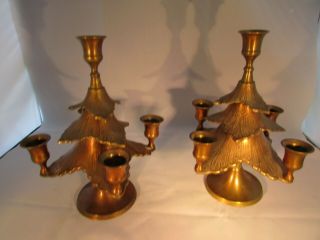 Two (2) Vintage Solid Brass Fir Christmas Tree Taper Candle Holder Candelabras 2