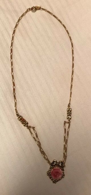Vintage Avon Pink Rose Charm And Goldtone Necklace 16”