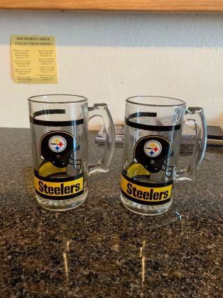 2 Vintage Nfl Pittsburgh Steelers Beer Pint Glass Mug Set
