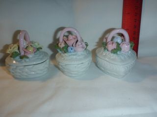 Set 3 Vintage Trinket Dresser Boxes Pink Flowers Basket Style Heart Shape Dish
