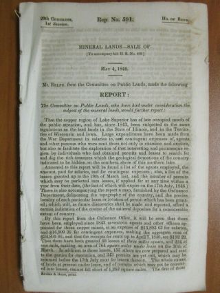 Government Report 5/4/1846 Us Mineral Lands Lake Superior Big Map Michigan
