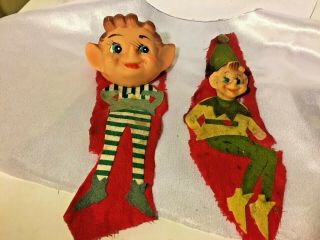 Two Vintage Felt Elf Appliques With Vinyl Faces Taken From Old Stockings
