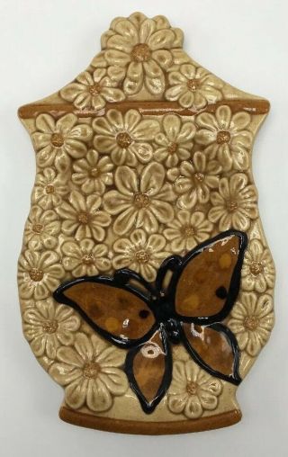 Vintage Handmade Spoon Rest Ceramic Brown Flowers Butterfly