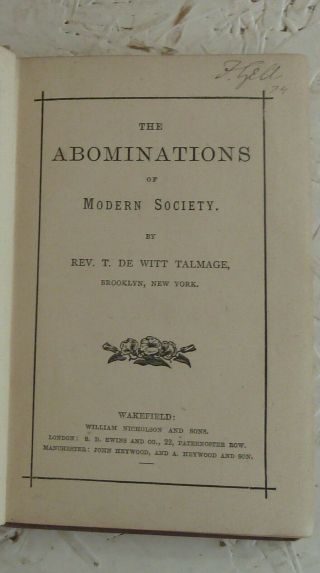 Vintage Book C1872 The Abominations Of Modern Society Talamge Christian Faith