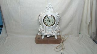 Vintage Ceramic Mantel Clock Lanshier Movement White With Gold Trim Repaired