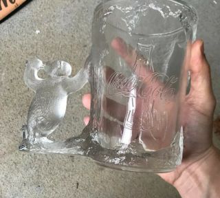 1997 Vtg Coca Cola Coke Polar Bear Handle Mug Glass Stein Heavy Frosted 4