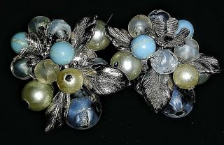 Vintage Coro Signed Silver Tone Metal Blue Floral Clip On Earrings