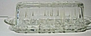 Vintage Crystal Clear Covered Butter Dish Diamond Cut Star Pattern W/ Lid Glass