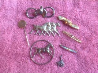 Vintage Horse Pins And Assorted Vintage Pins And One Bucking Bronco Charm