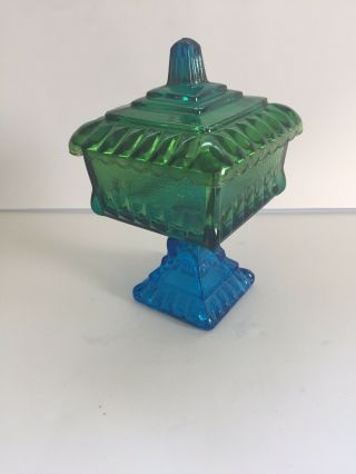 Vintage Jeannette Green To Blue Flashed Glass Candy Dish Ca.  1950 