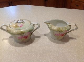 Vintage R S Germany Porcelain Pink Roses Covered Sugar Bowl & Creamer Set