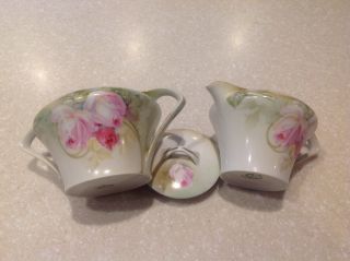 Vintage R S Germany Porcelain Pink Roses Covered Sugar Bowl & Creamer Set 4