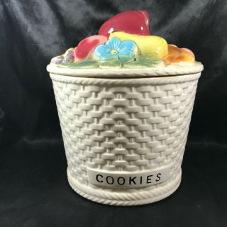 Vintage Tilso White Basket Weave Fruit Top Cookie Jar