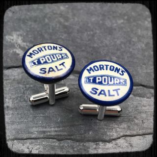Curated Vintage Cufflinks Silvertone Morton’s Salt It Pours Pen Clip Advertising